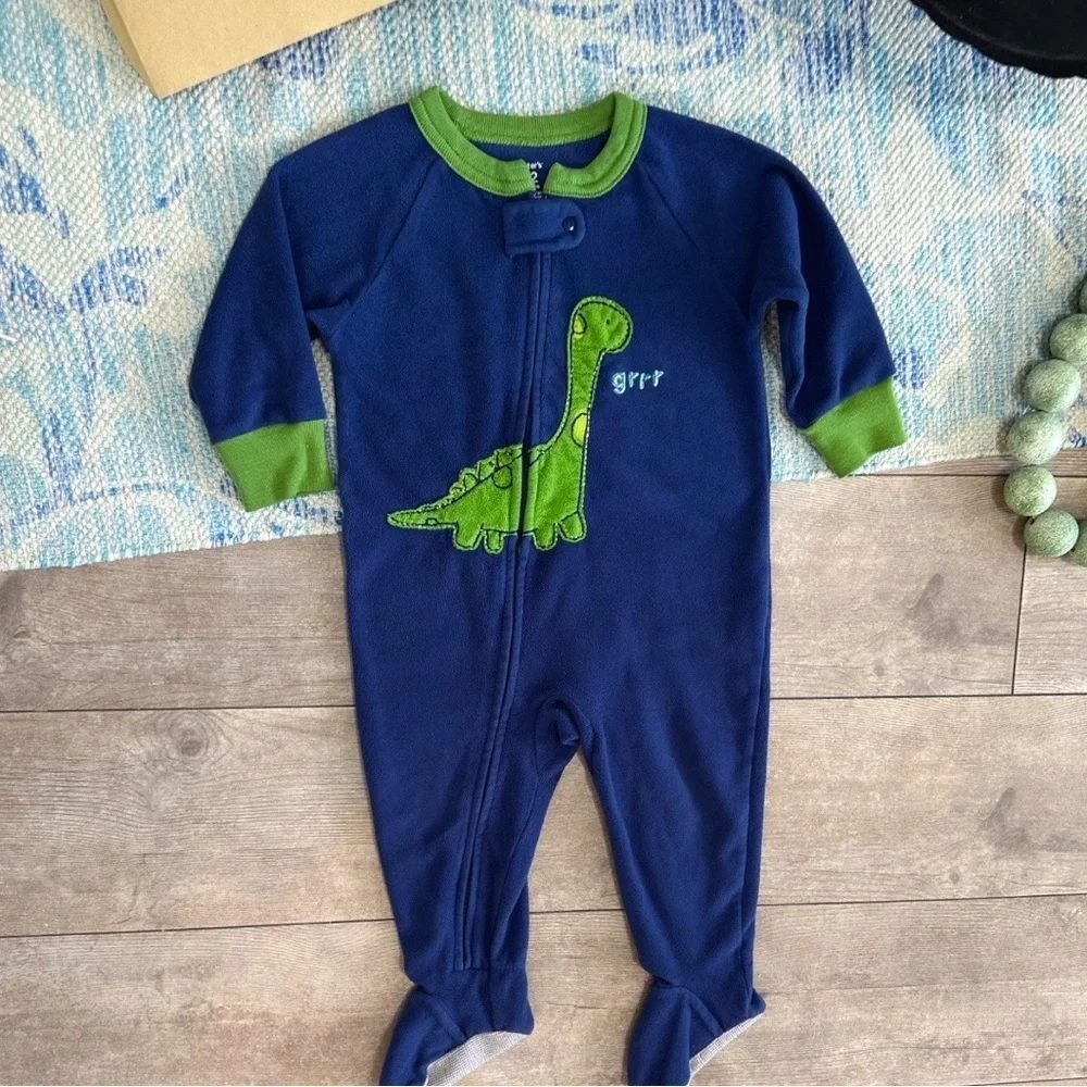 Y2K Carter’s Dinosaur Fleece Footies One Piece Sleeper Pajamas 12 Month baby boy